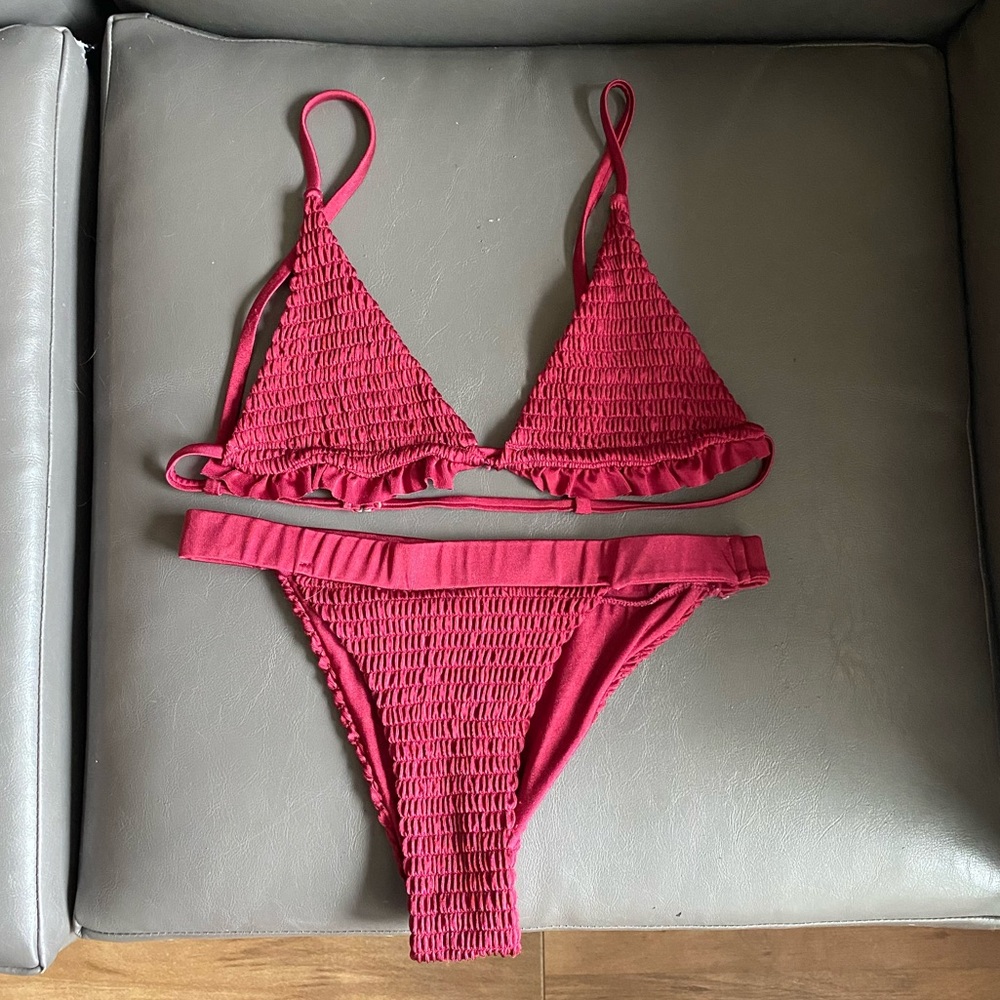 Smocked Wine Ruffle Bikini